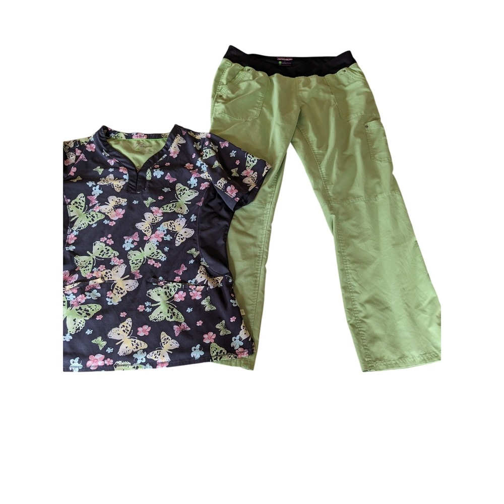 Healing Hands Premiere Scrub Set Large Butterfly Print Top Green Cargo Pants